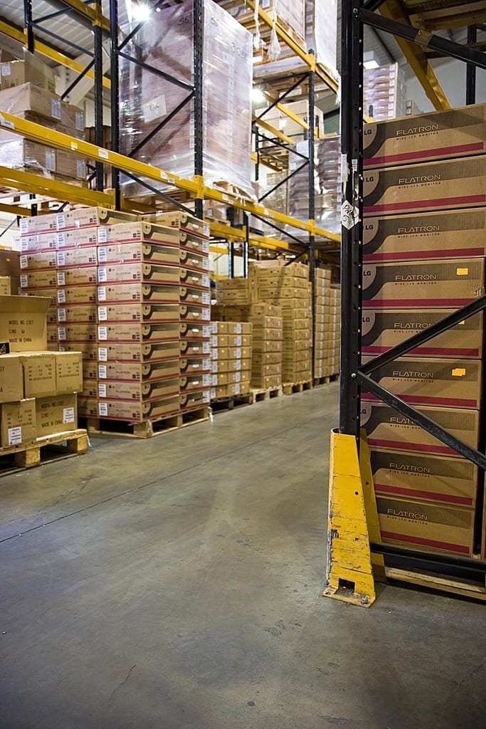 Palletized cartons stored in a commercial warehouse
